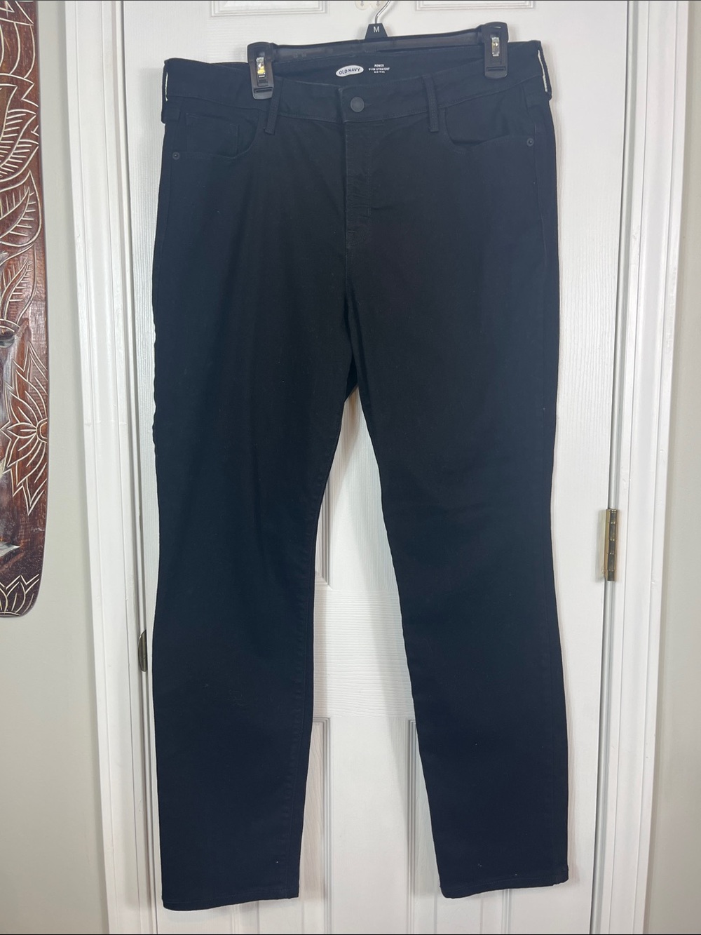 Old Navy power slim straight, mid rise black denim jeans size 16.